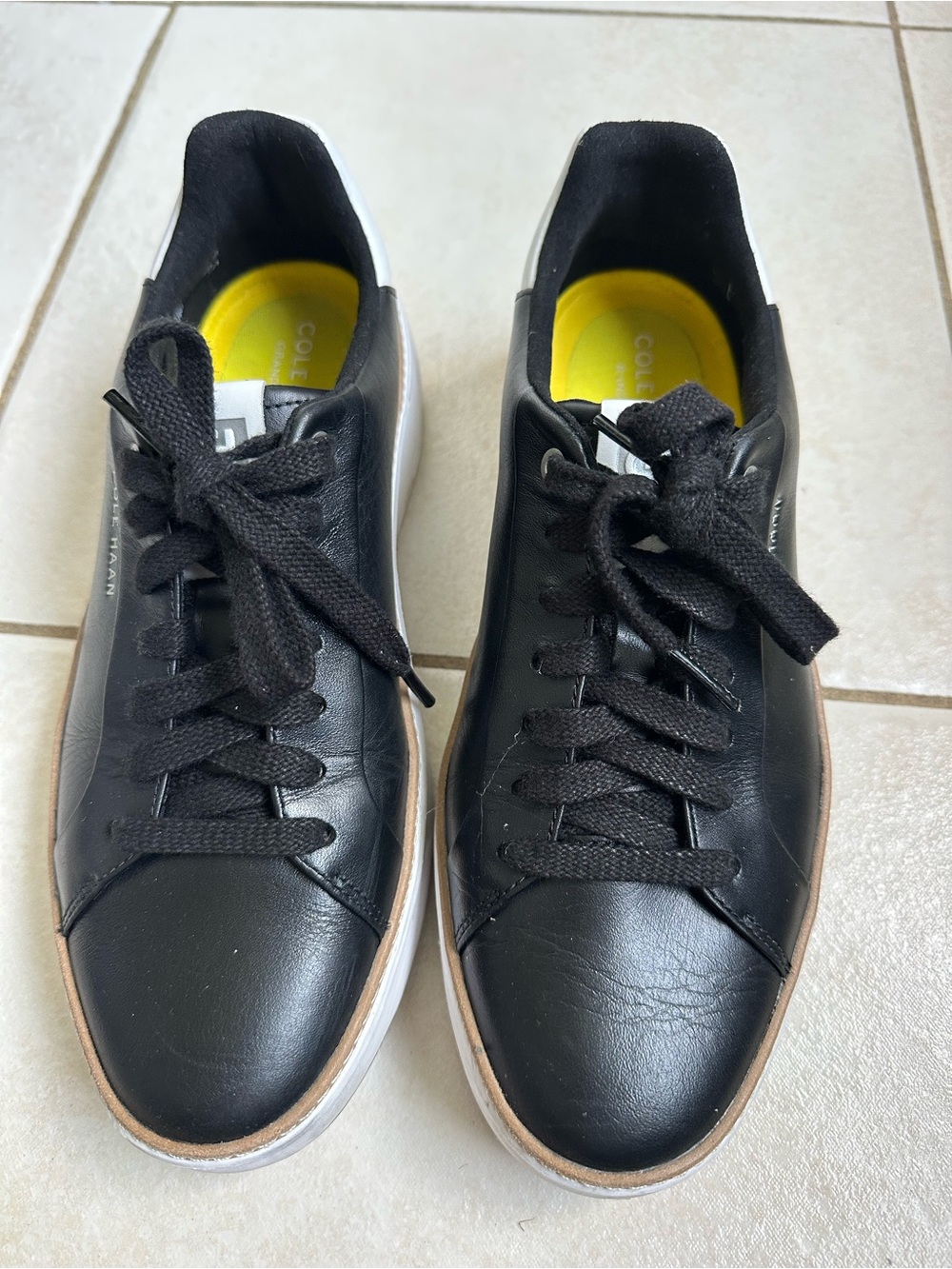 Cole Haan Black Leather Low-Top Sneakers with Yellow Insoles
